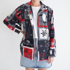 Vintag Alia Sport Grey Red Penguin Snowflake Zip Fleece Jacket Winter Cabin L
